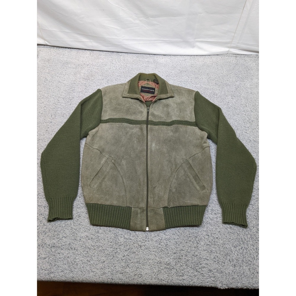 Vintage Oshman's Suede‎ Leather Bomber Jacket L Green Knit Sleeve Retro 80s 90s